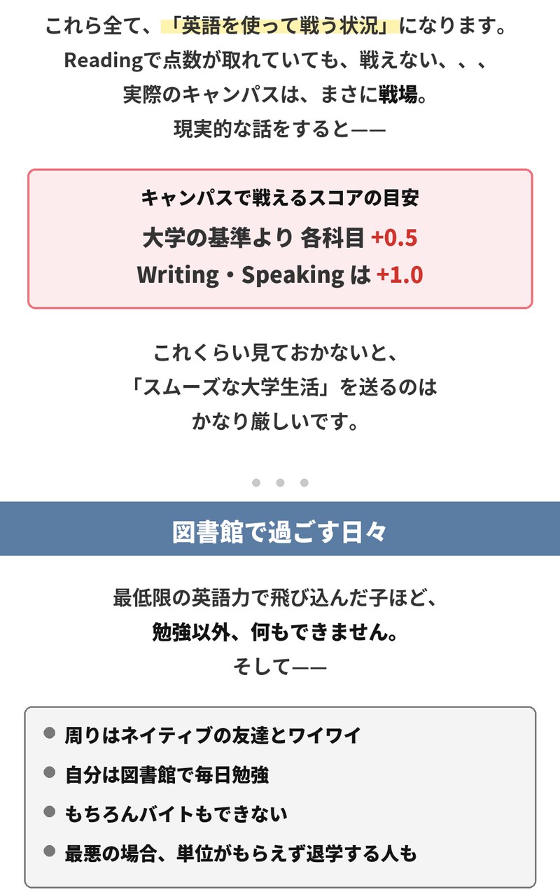 これらはすべて英語を使って戦う状況で、Readingで点数が取れていても戦えません。キャンパスで戦えるスコアの目安は、大学の基準より各科目プラス0.5、WritingとSpeakingはプラス1.0。最低限の英語力で飛び込んだ人ほど勉強以外に何もできず、周りがネイティブの友達と過ごす中で毎日図書館にこもり、バイトもできず、最悪の場合は単位が取れず退学する人もいます。