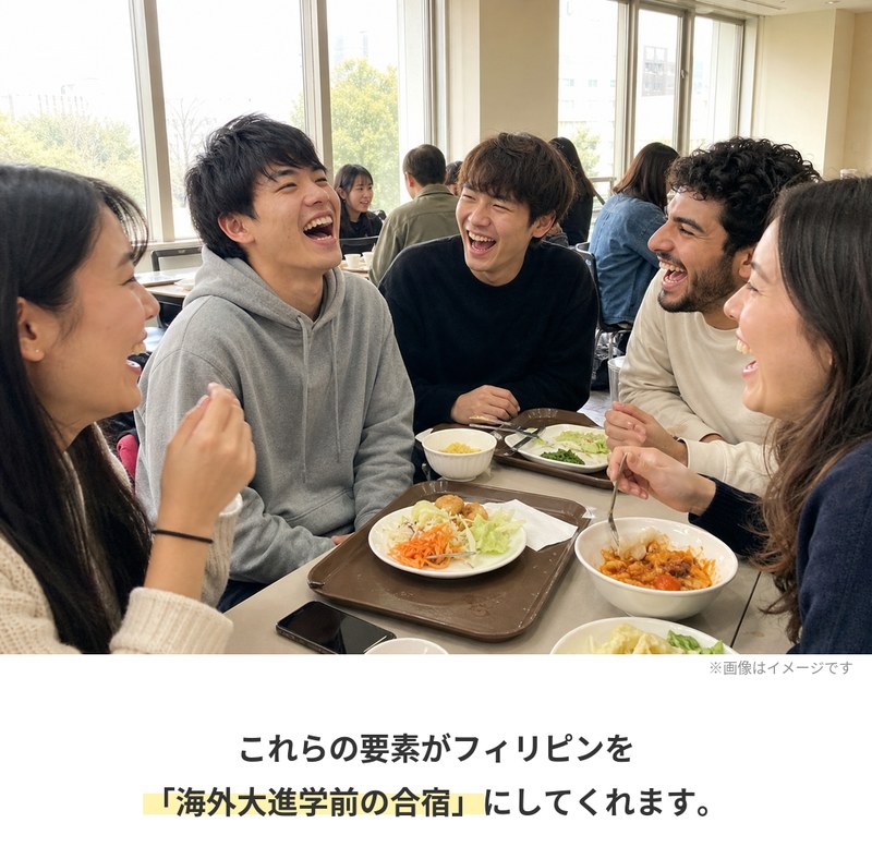 学生たちが食堂で笑いながら食事している様子。これらの要素がフィリピンを「海外大進学前の合宿」にしてくれます。